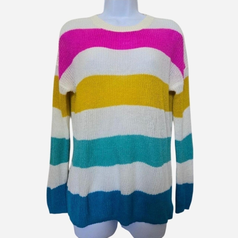 Staccato Rainbow Striped Open Knit Sweater Top Womens Size S